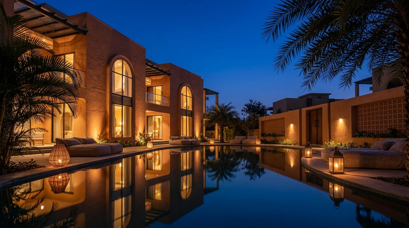 The pool at Area 83 at blue hour