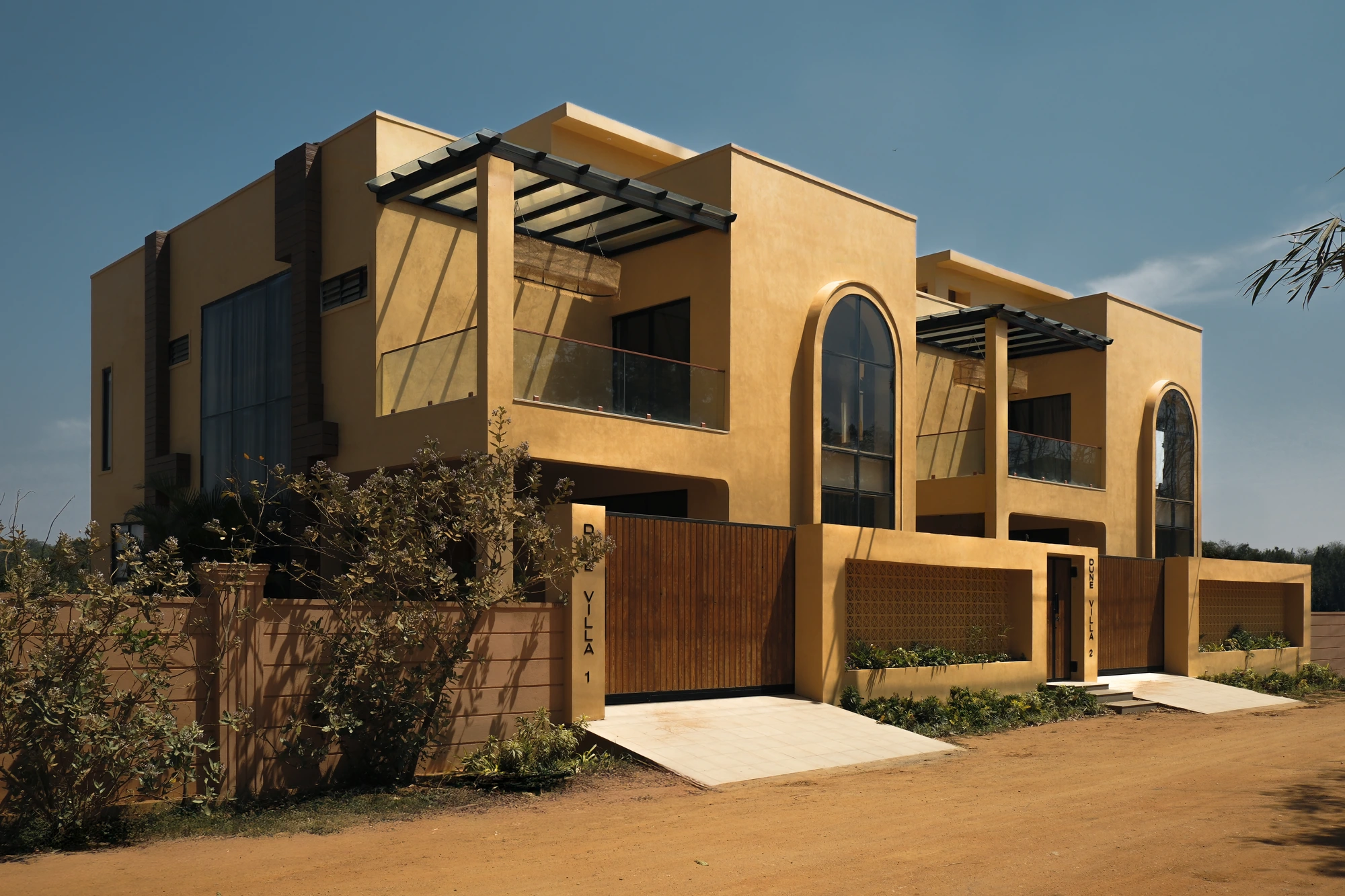 Two private villas at Area 83 near Bengaluru in evening light